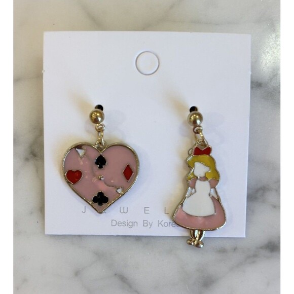 Unbranded Jewelry - Queen Of Hearts Dangle Enamel Earrings Alice In Wonderland Post Pink Hearts
